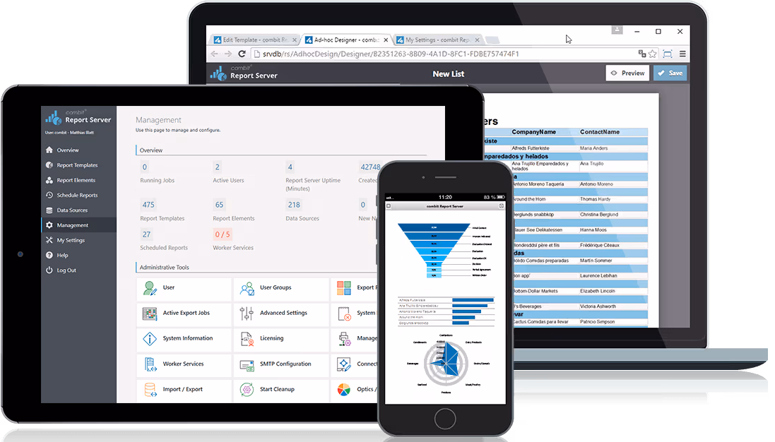 combit Report Server reports displayed across browser, tablet, and mobile devices